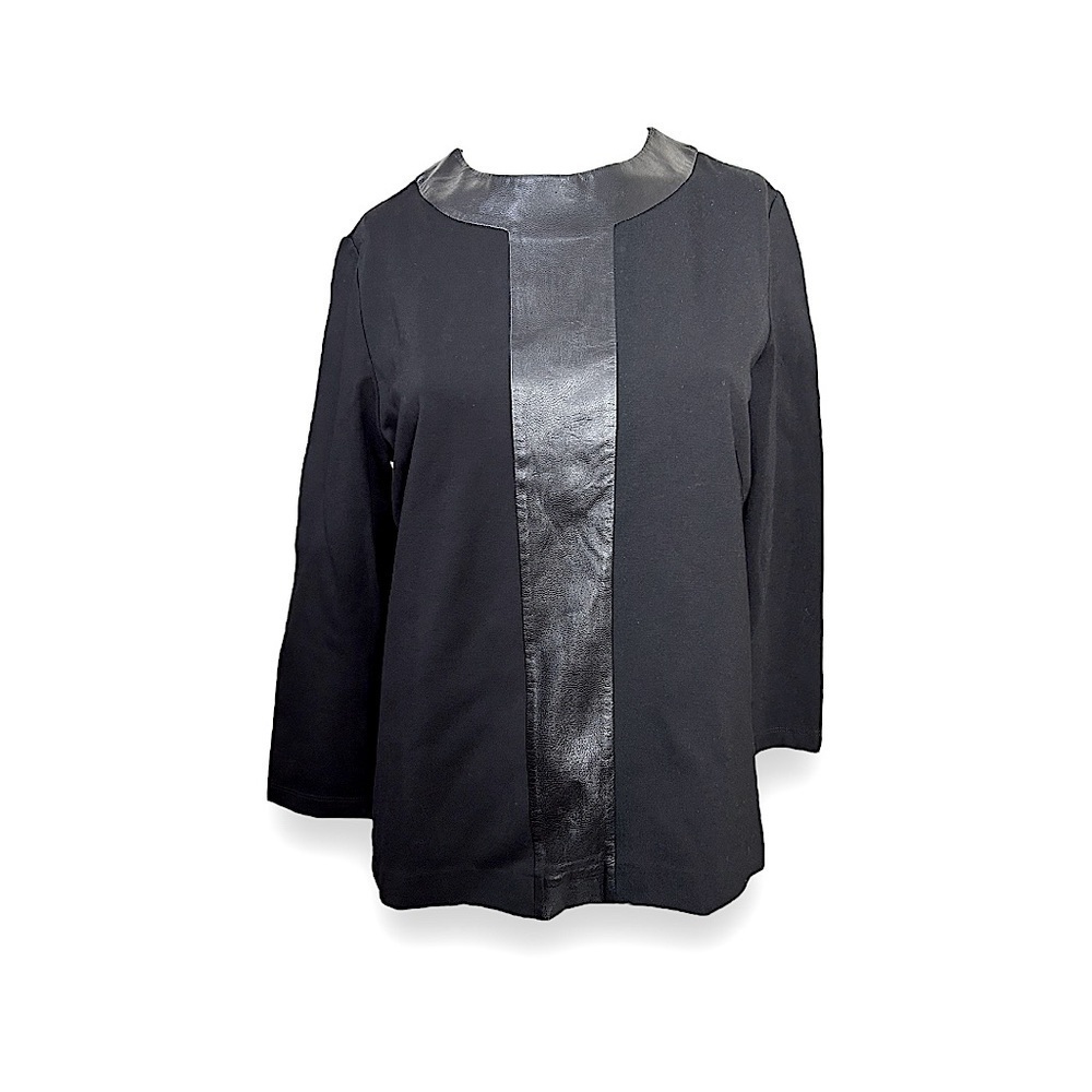 J. McLaughlin Farrow Black Knit Top Lambskin Leather 3/4 Sleeve Womens M